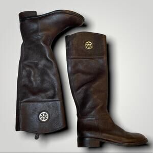 TORY BURCH EQUESTRIAN LEATHER LOGO KNEE HIGH RIDING BOOT DARK BROWN  - 6